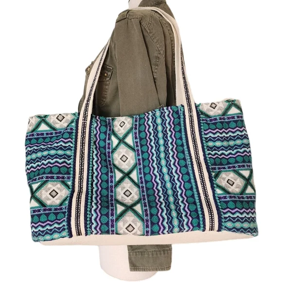 Teal & Lavender Cream Tribal Woven & Embroidered Weekend Travel Bag - Picture 2 of 6